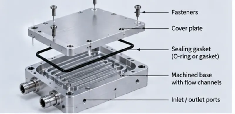 Liquid cold plate construction, cover plate and sealing interface