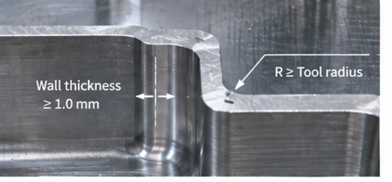 Wall thickness and web geometry around machined cooling channels