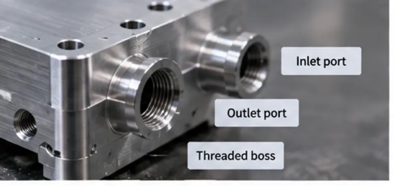 Inlet and outlet port machining and thread clearance on cold plates