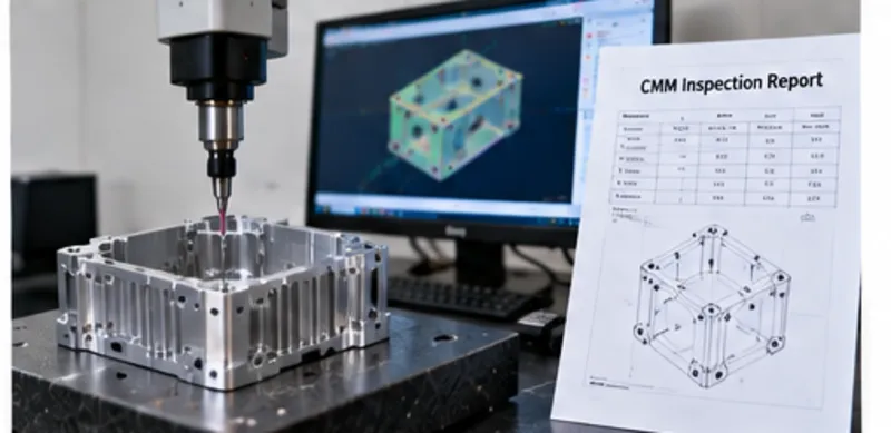 Coordinate Measuring Machine (CMM) inspecting dimensions on a CNC machined aluminum housing